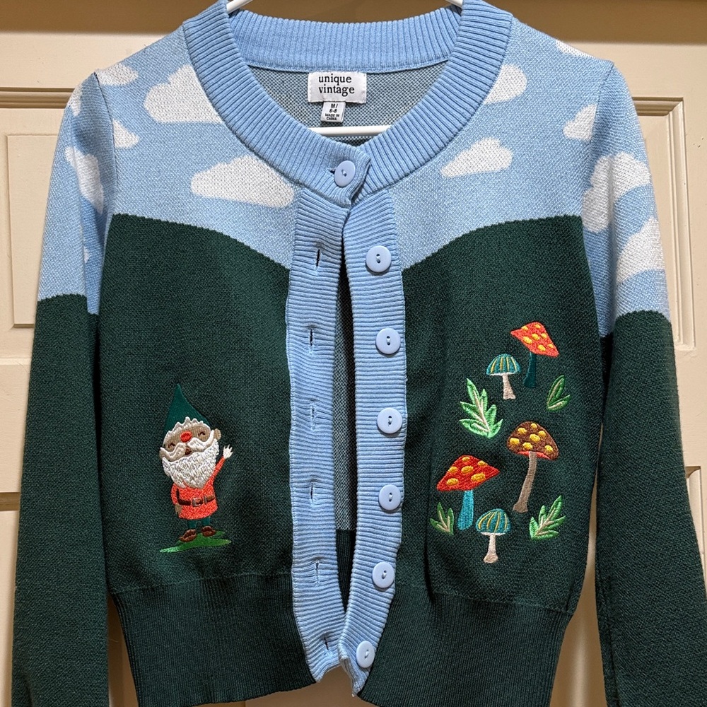 Unique Vintage Blue and Green Cardigan with Gnome and Mushroom Embroidery